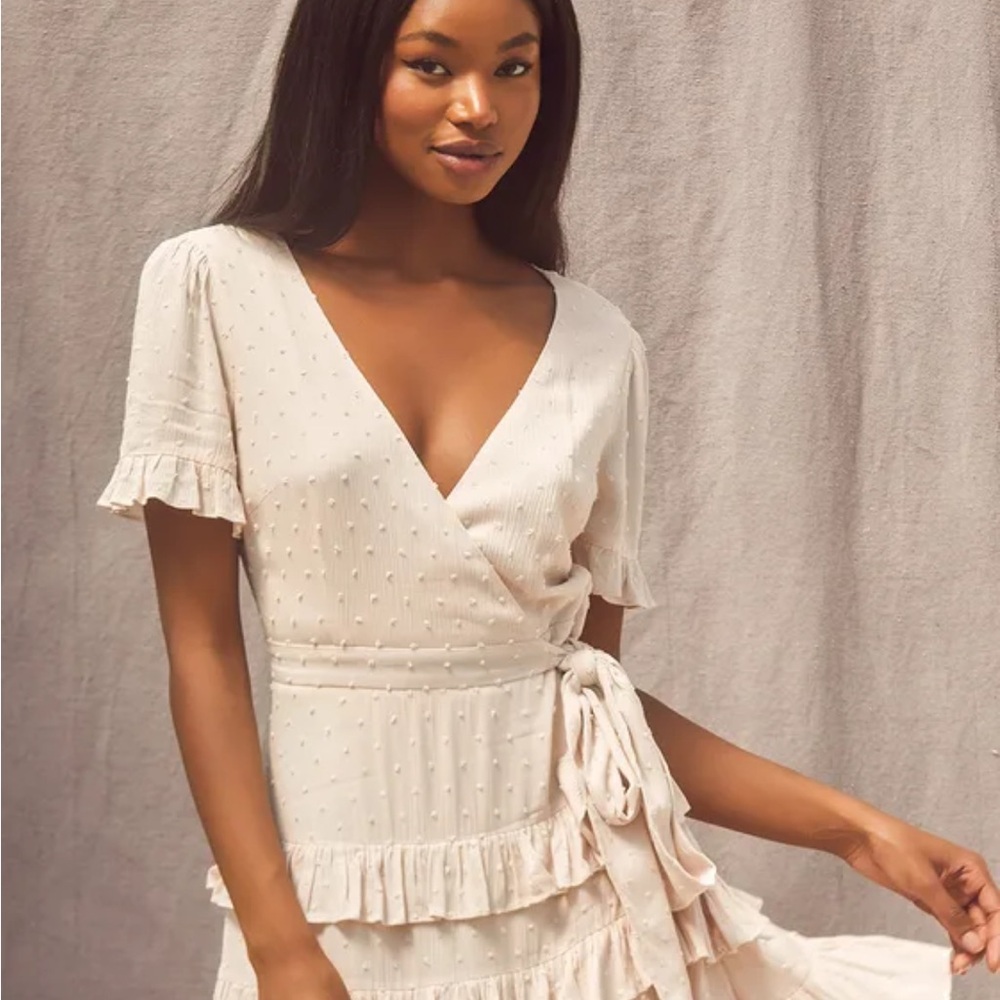 Lulus Call Me Cute Cream Swiss Dot Tiered Faux Wrap Mini Dress- Cream